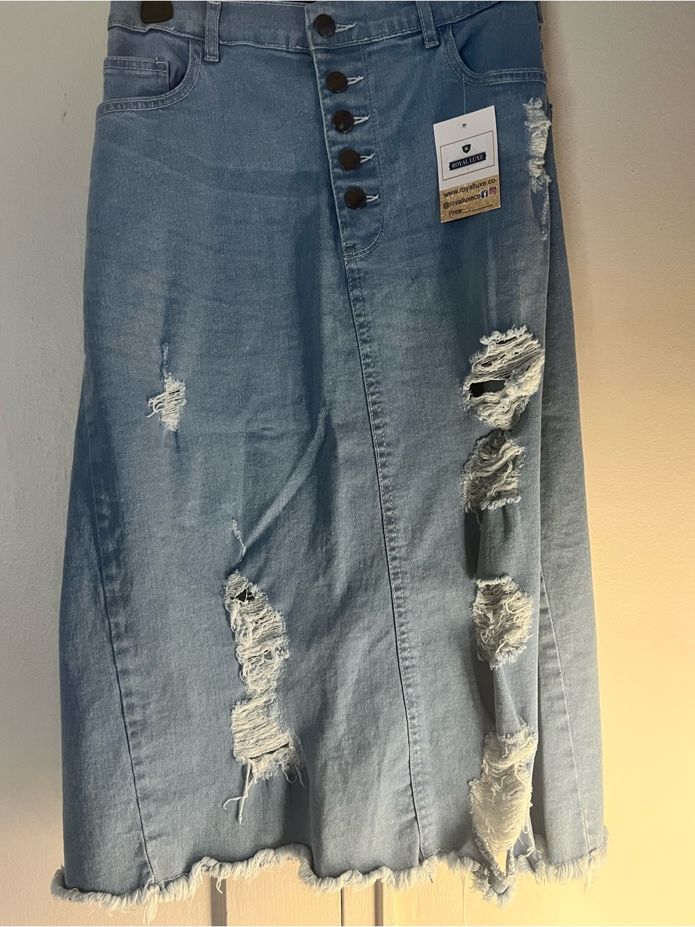 Button-Front Light Blue Distressed Denim Skirt